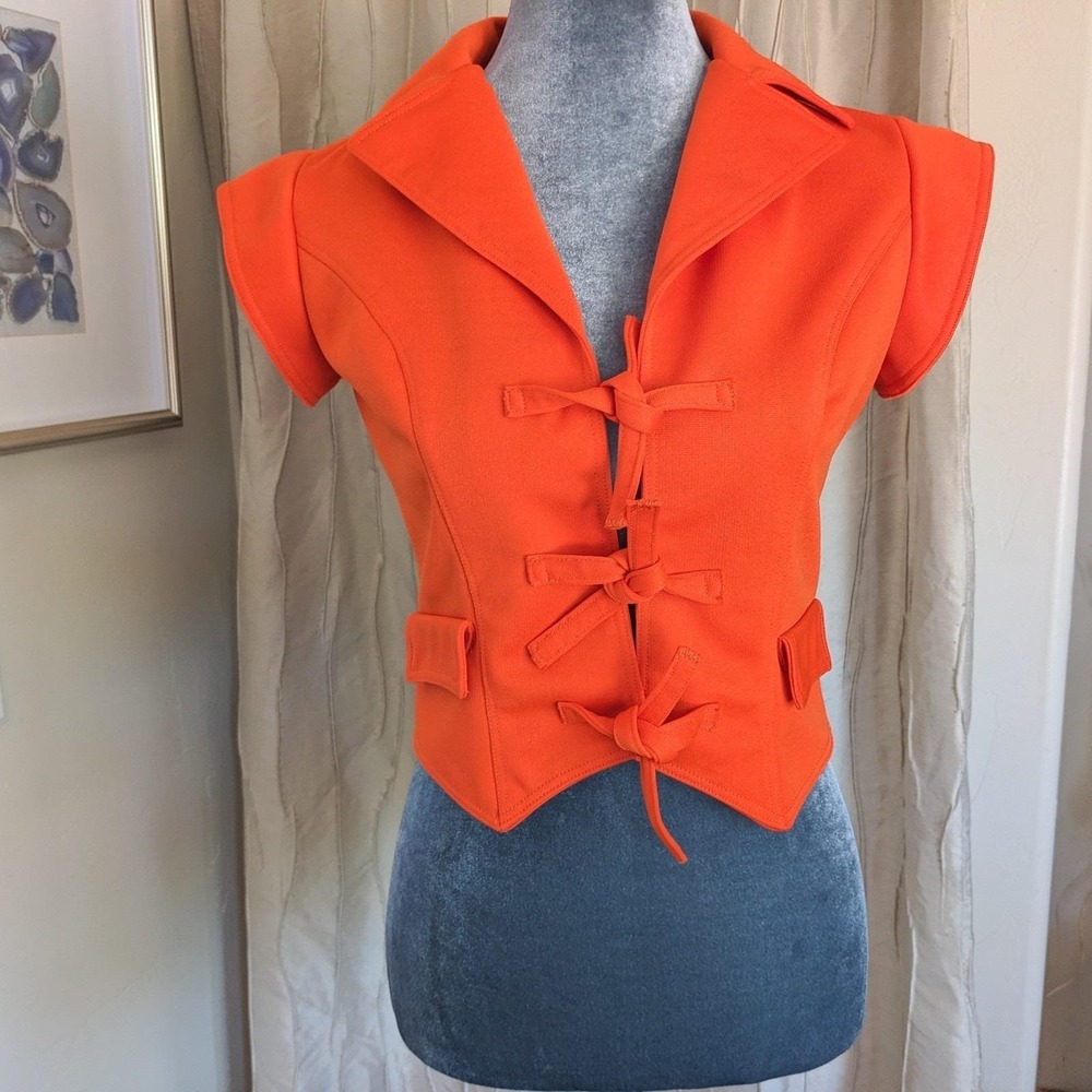Vintage 70s Mod Cropped Top Vest XS/S Orange Tie Front Waistcoat Space Age